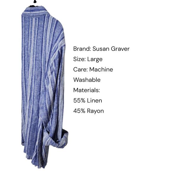 Susan Graver Linen blend Button Down Blue and White Striped Shirt‎ L - Picture 2 of 7